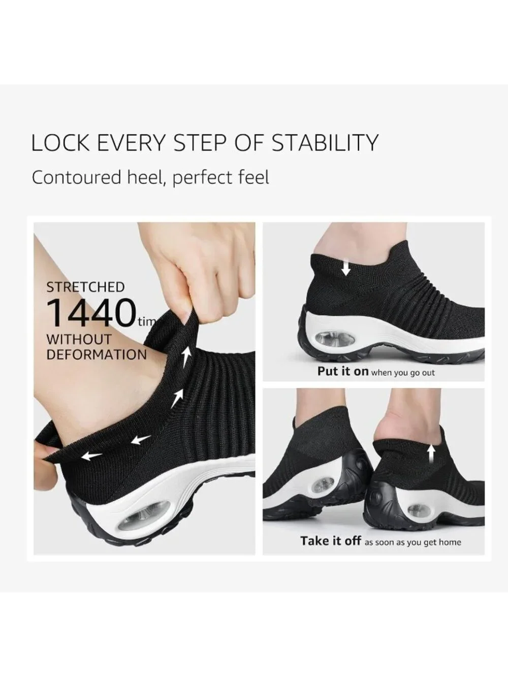 Women's Black White Arch Support Non Slip Breathable Knit Upper Sneaker Shoes